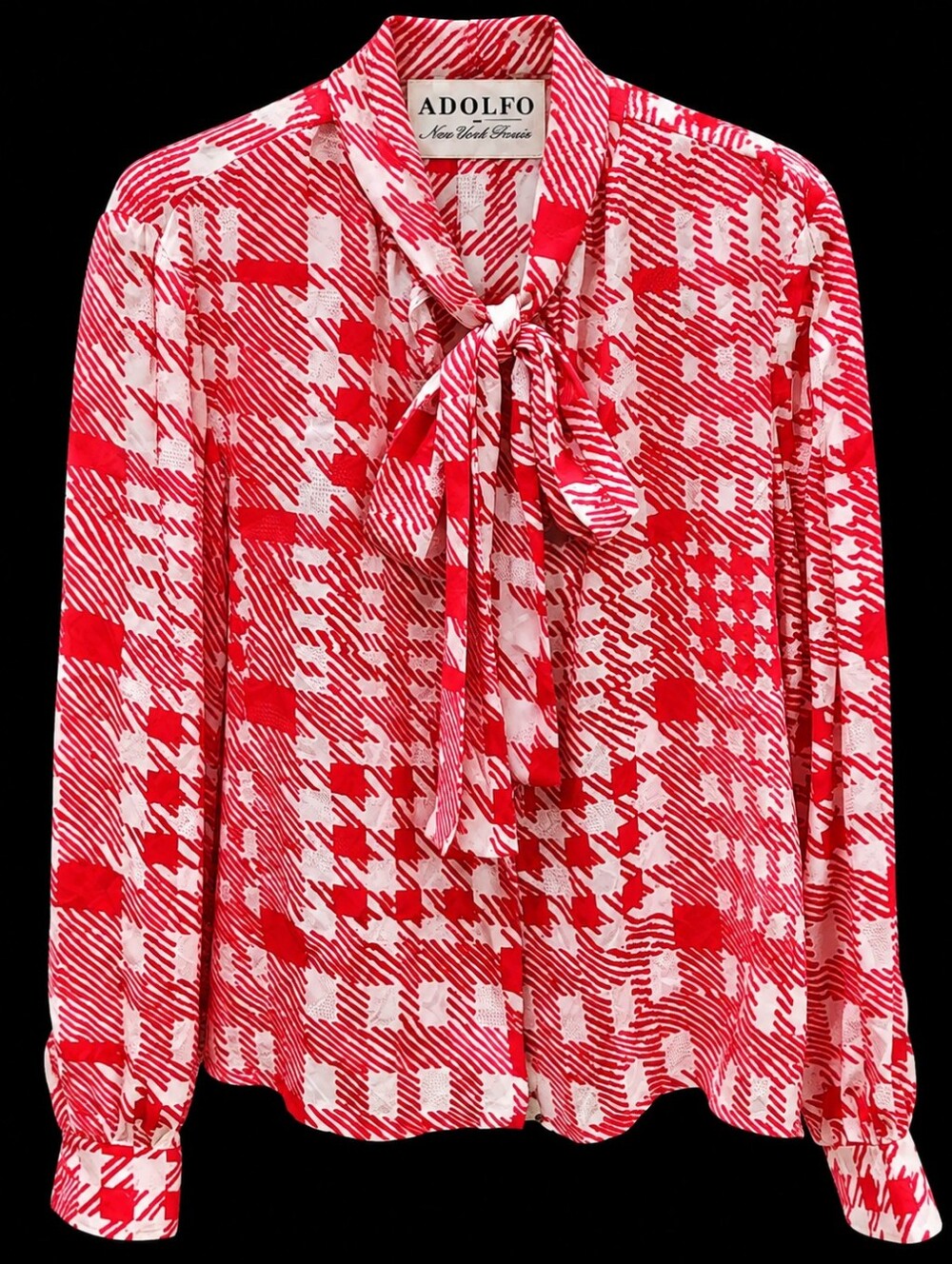 Adolfo at SAKS FIFT AVENUE Vintage 80s Red & White Plaid Tie-Bow Blouse